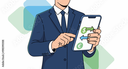 Businessman using smartphone for financial transactions with currency symbols