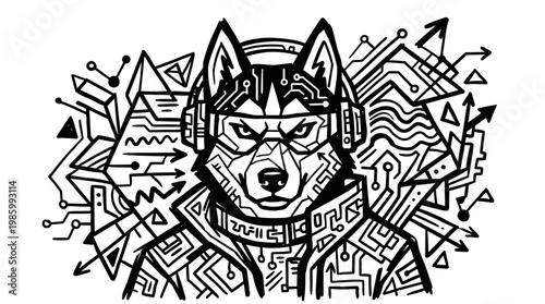 Geometric Black  White Line Art of a Cyber Husky Dog for Digital Technology