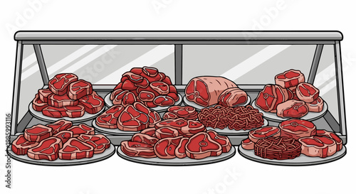Cartoon display of various raw red meats including steaks and ground meat