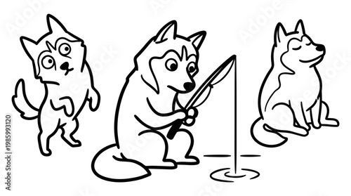 Humorous Husky Dogs Fishing Black  White Line Art for Pet  Hobby Concepts