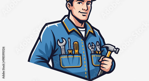 Cartoon repairman in blue uniform with tools and hammer