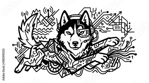 Black and White Line Art of Cyber Husky Dog for AI, Tech, and Digital Industry Concepts