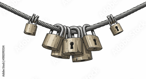 Cluster of weathered padlocks attached to a thick wire cable