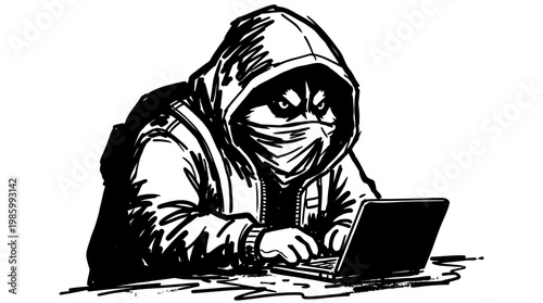 Hacker Dog with Mask and Laptop in Black  White Line Art for Technology  Cyber Security