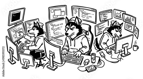 Technology Industry Husky Developer Team Coding Black  White Line Art Illustration