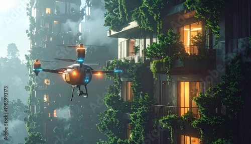 Futuristic Drone Delivering Package to Eco-Friendly Vertical City Apartment.