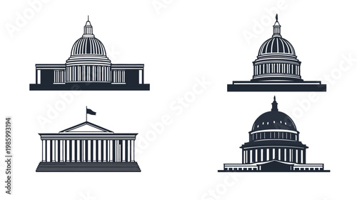 Four monochrome illustrations of domed buildings with columns, representing government architecture
