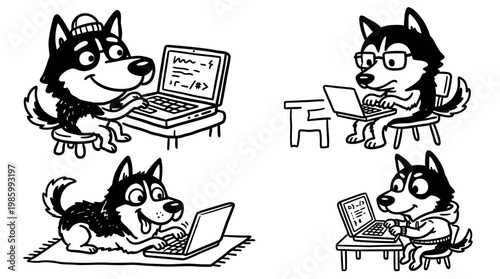 Black and White Line Art Cartoon Husky Programmers with Laptops - Technology Theme