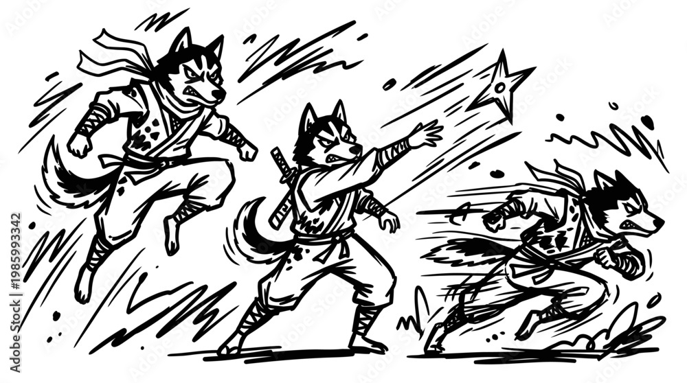 Obraz premium Black and White Line Art of Three Husky Ninjas in Action