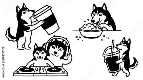 Husky Dogs Enjoying Coffee, Popcorn, DJing, and Iced Drink - Line Art