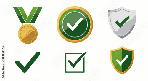 Collection of checkmark icons medal, round badge, shield, and square
