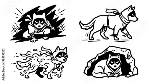 Black and white line art of a ninja dog in various poses