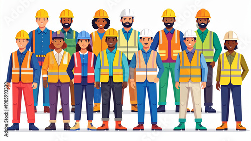 Multicultural Construction Workers in 90s Retro Style Vector Illustration Set