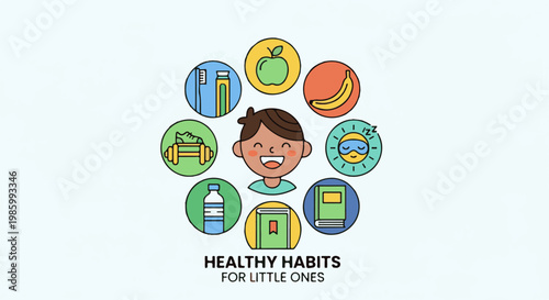 Cartoon child surrounded by icons of healthy habits