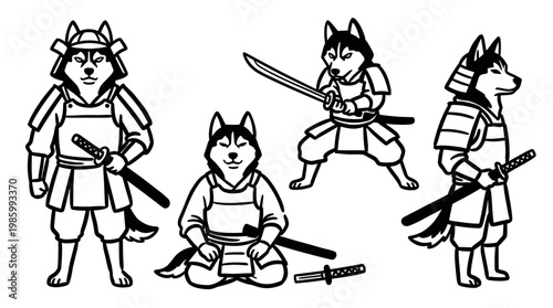 Black and White Line Art Illustration of Samurai Husky Dogs with Katana, Japanese Warrior Animals