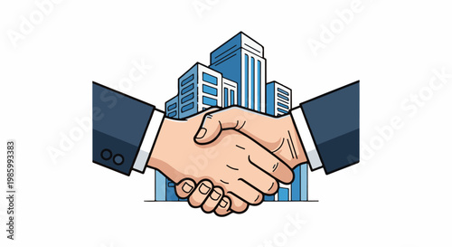Business handshake in front of corporate buildings
