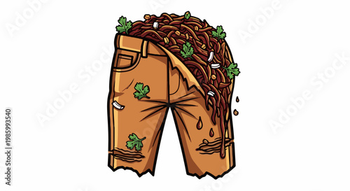 Brown trousers spilling out a messy pile of noodles and garnishes