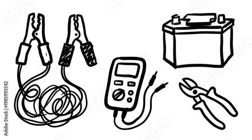 Automotive Battery Service Tools - Line Art