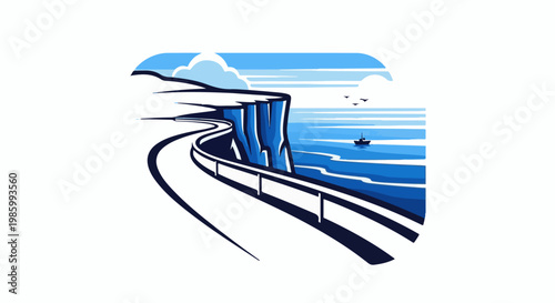 Coastal road winds along cliffs overlooking ocean with boat