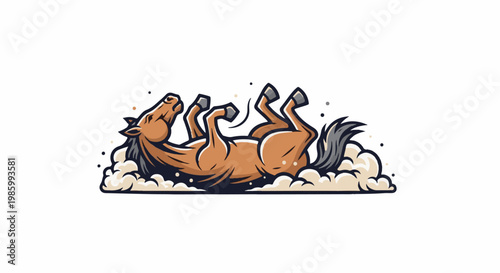 Brown horse with dark mane rolls in dirt, kicking legs in air