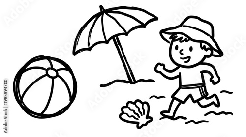 Black  White Line Art: Happy Child on Beach with Ball and Umbrella, Summer Vacation Doodle