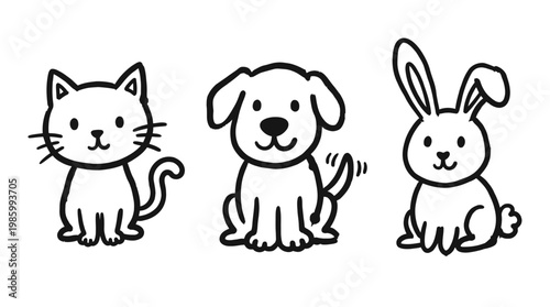 Cute Black  White Line Art Cartoon Pets: Cat, Dog, and Rabbit Illustration