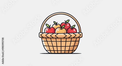 Cartoon basket overflowing with red and yellow apples, a simple illustration