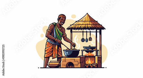 Cheerful man cooks food over an open fire under a thatched roof