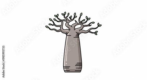 Cartoon baobab tree with thick trunk and sparse green leaves on branches