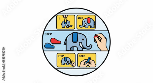 Cartoon sequence shows how to assemble an elephant toy