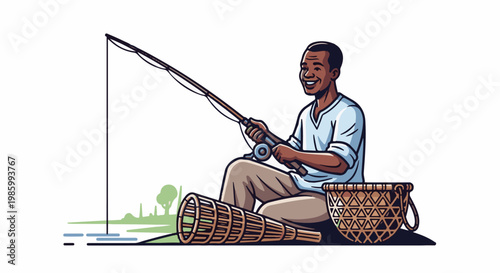 Cheerful man fishing by the water with basket and trap