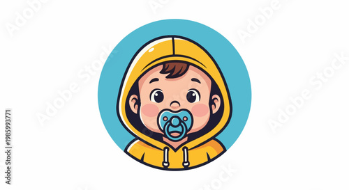 Cartoon baby wearing a yellow hooded jacket and a blue pacifier