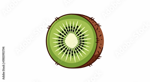 Cartoon slice of a fuzzy kiwi fruit with green flesh and black seeds