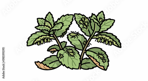 Cartoon style green plant with light green leaves and small insects