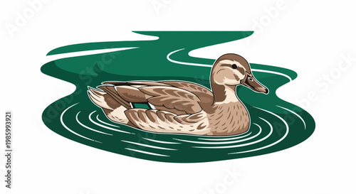 Cartoon duck swims on green water with ripples