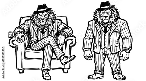 Powerful Gangster Lion Character in Pinstripe Suit and Fedora - Black  White Line Art