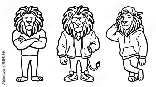 Black and white vector line art of cool anthropomorphic lion characters for youth fashion