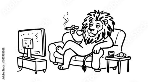 Leisure Lifestyle: Cartoon Lion on Sofa Watching TV with Cigar - Black  White Doodle Art