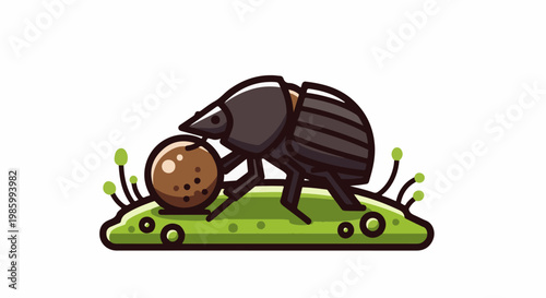 Cartoon dung beetle pushing a brown ball on green grass with sprouts