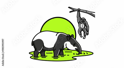 Cartoon tapir drinks water near a monkey hanging on a branch