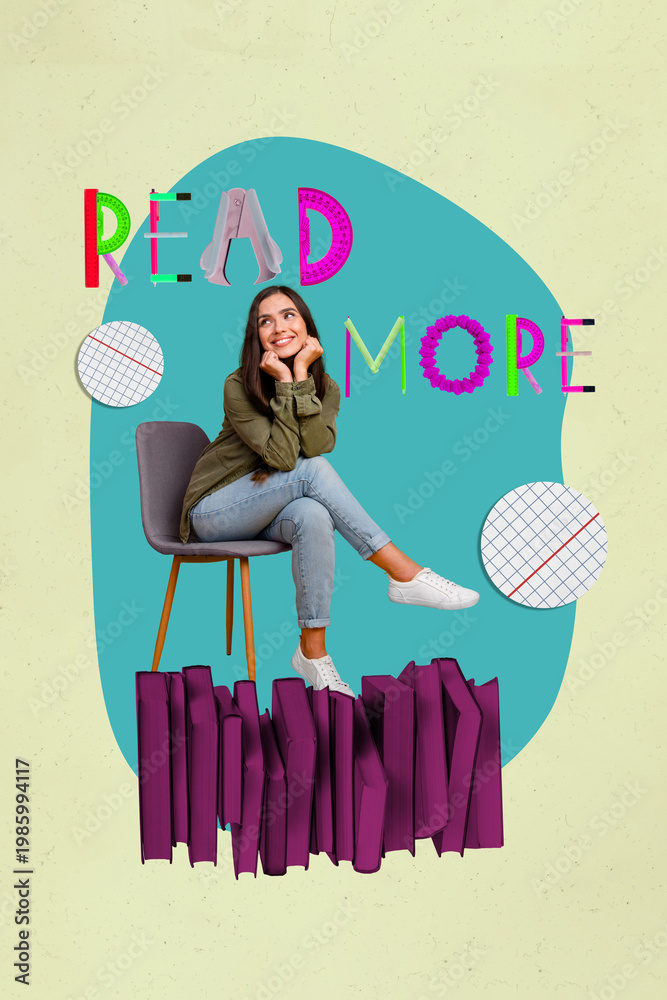 Fototapeta premium Pop image sketch 3d collage poster of happy girl guy stand book stack library education bookworm hobby university student learner