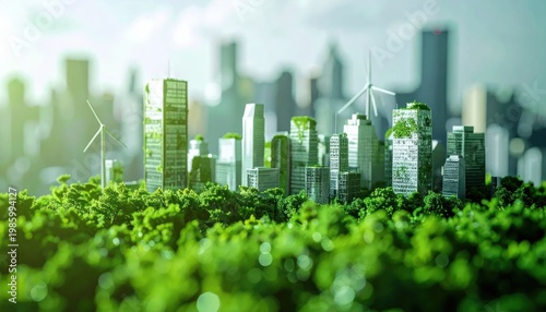 Futuristic Eco-Friendly Cityscape with Green Buildings and Wind Turbines.