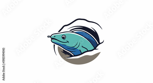 Cartoon eel head breaks out of a circle with dark blue swirls
