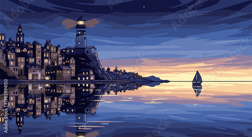 Coastal town with a lighthouse and sailboat at dusk