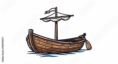 Cartoon wooden rowboat with single mast and tattered sail on water