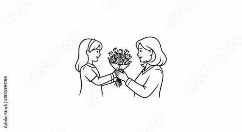 Child giving bouquet of roses to an adult woman, both smiling