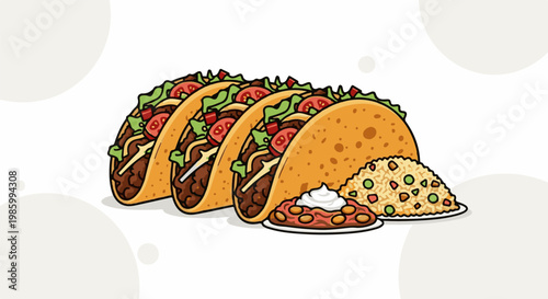 Cartoon illustration of tacos, beans, and rice on a white background with circles