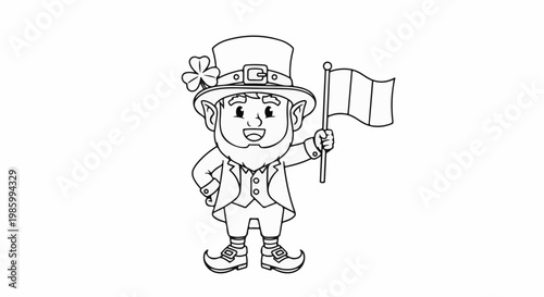 Cartoon leprechaun in hat with shamrock, holding flag