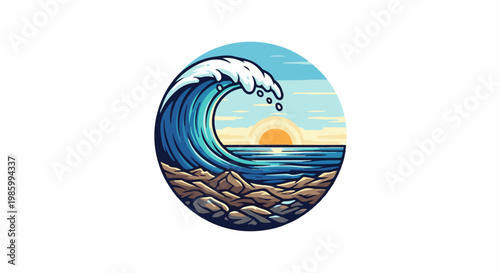 Circular ocean wave crashes on rocky shore at sunset