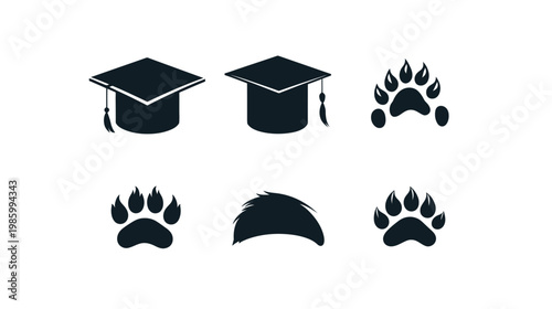 Black and white illustration with graduation hats, animal paw prints, and a dark fur silhouette